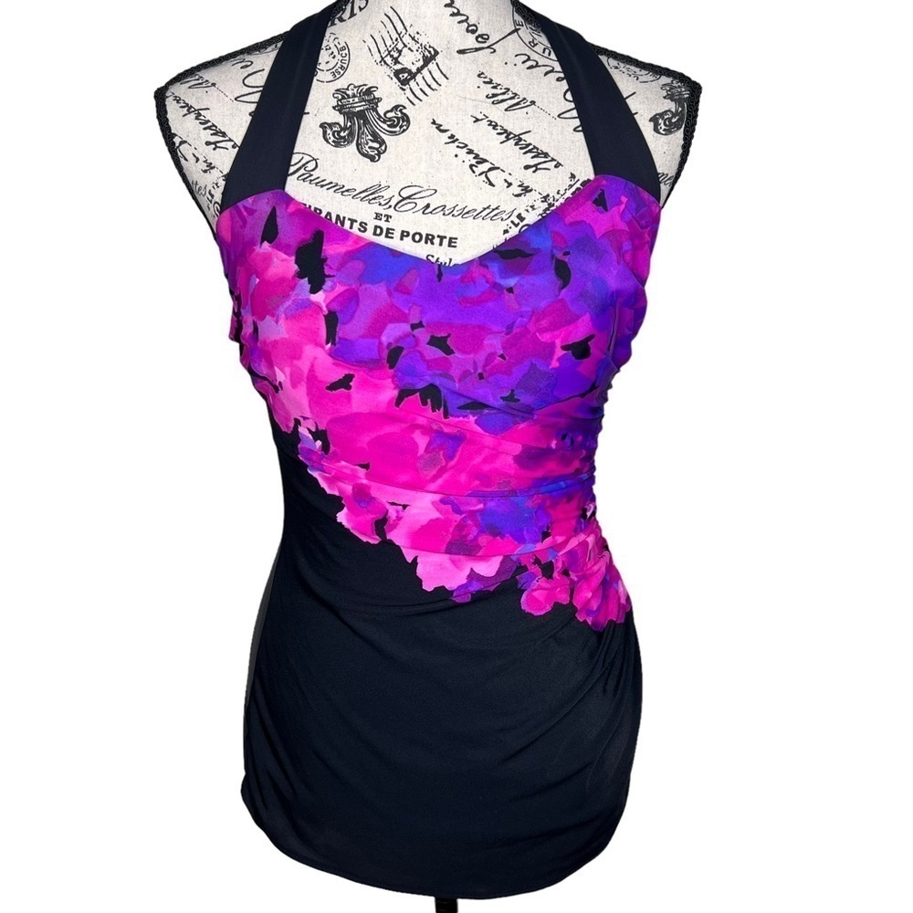 Lands' End Women's Black Pink Purple Floral Print One Piece Athletic Swimsuit 6 - Picture 2 of 15